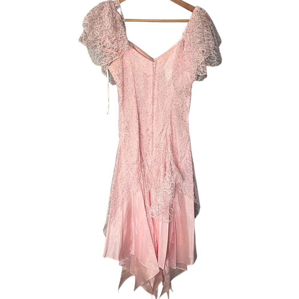 Nuance x Vintage 80s Cinderella Pink Tiered Asymmetrical Lace Rhinestone Dress - Picture 2 of 13